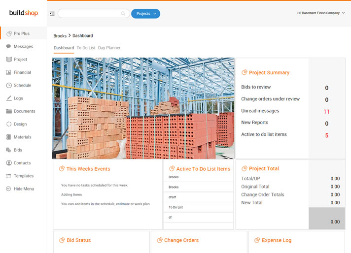 Dashboard for Commercial Contractor Software